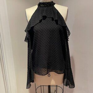 Long sleeve, open shoulder blouse with frill detail, size Large, Black